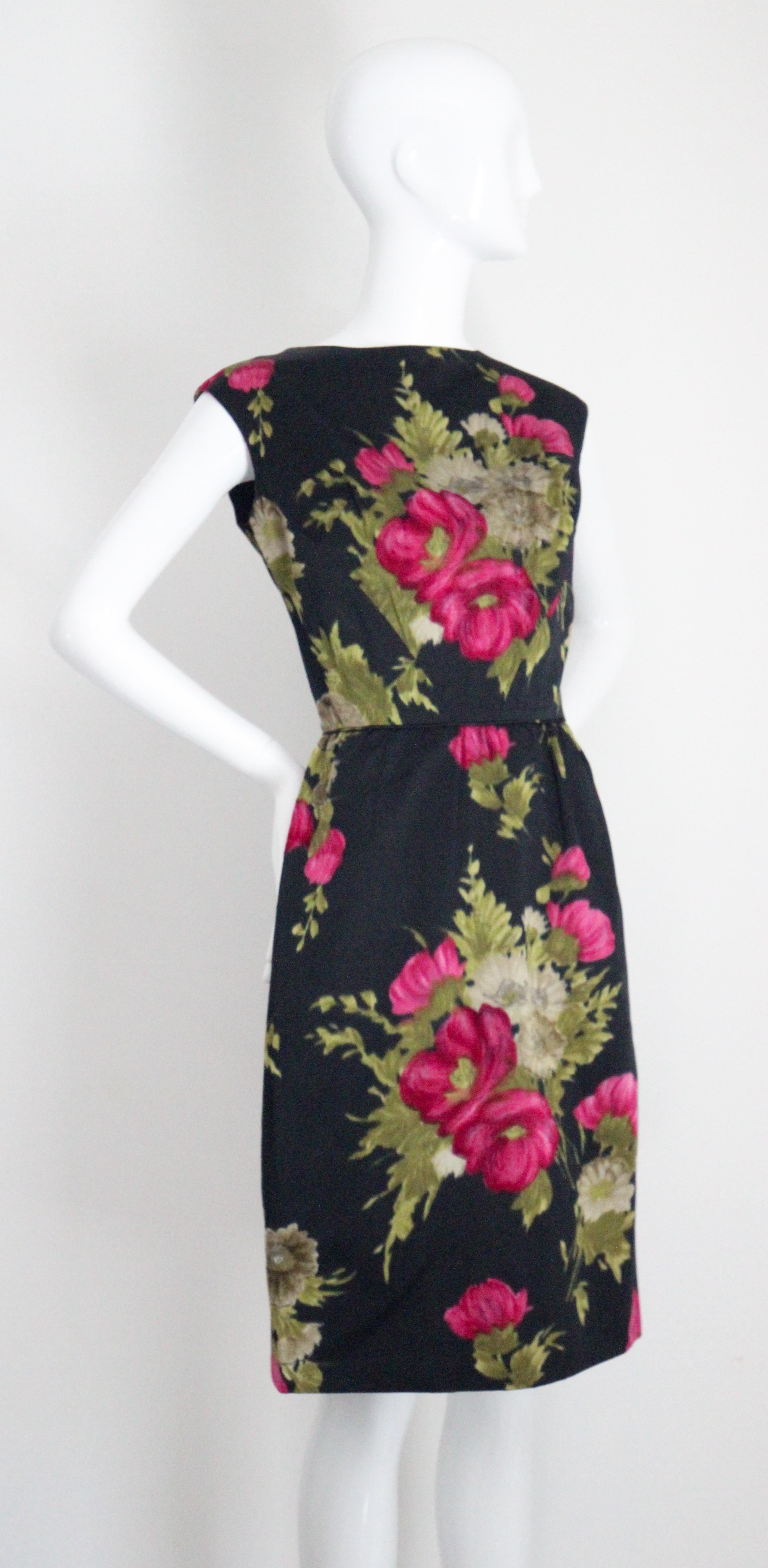 Vintage 1950's Black and Pink Silk Velvet Floral Dress & Jacket UK 10 US 6 For Sale 2