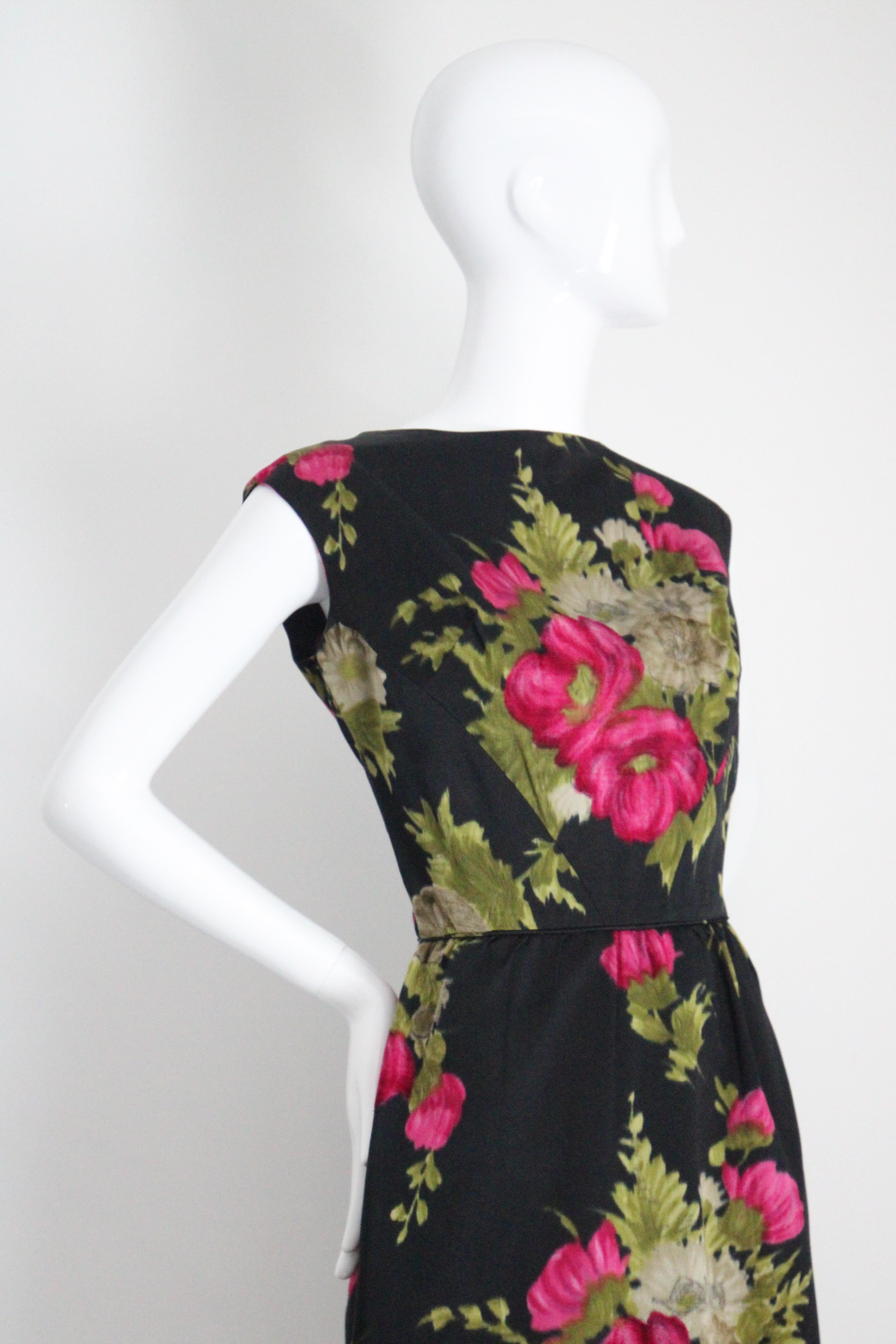 Vintage 1950's Black and Pink Silk Velvet Floral Dress & Jacket UK 10 US 6 For Sale 3