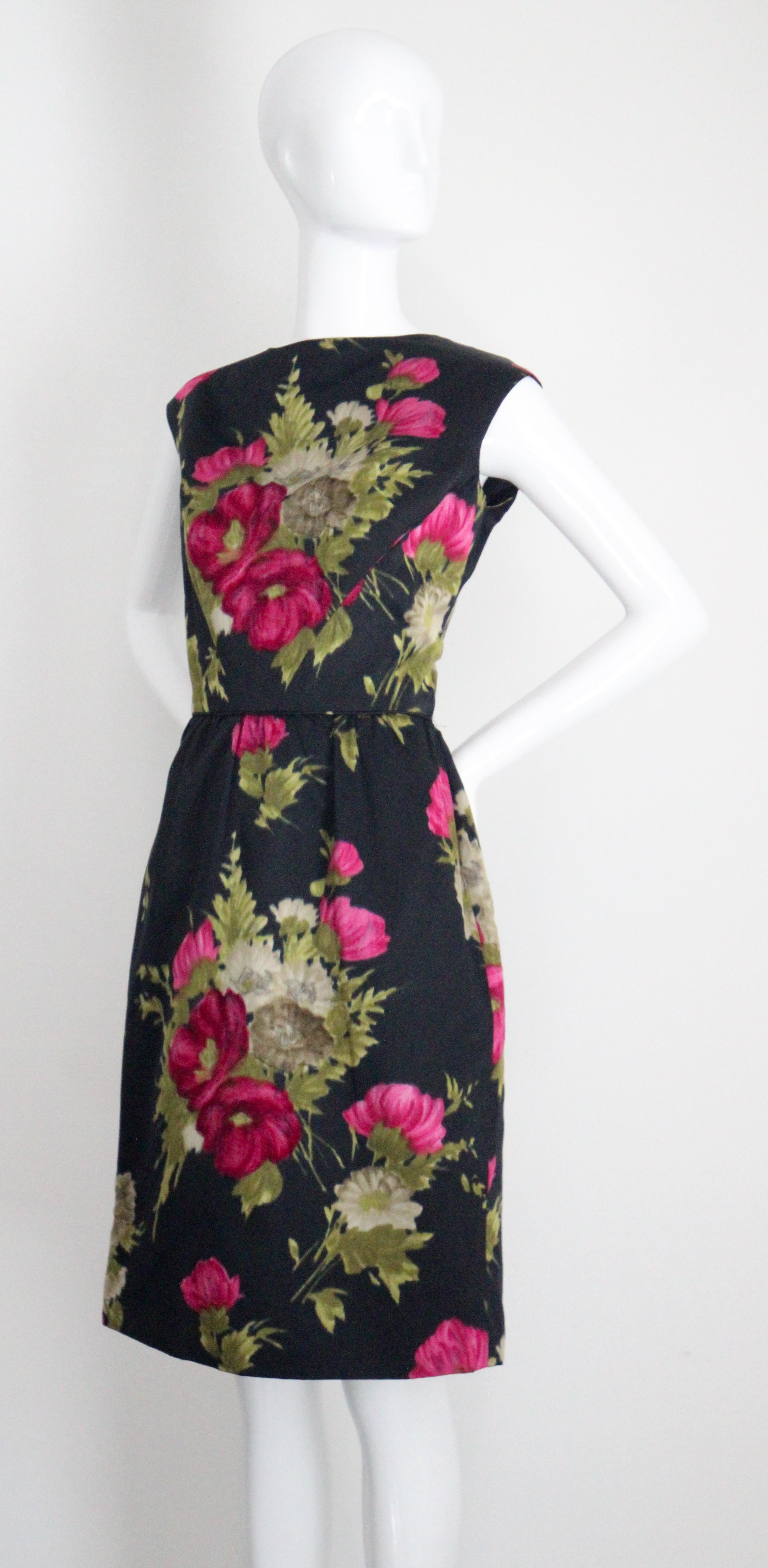 Vintage 1950's Black and Pink Silk Velvet Floral Dress & Jacket UK 10 US 6 For Sale 4