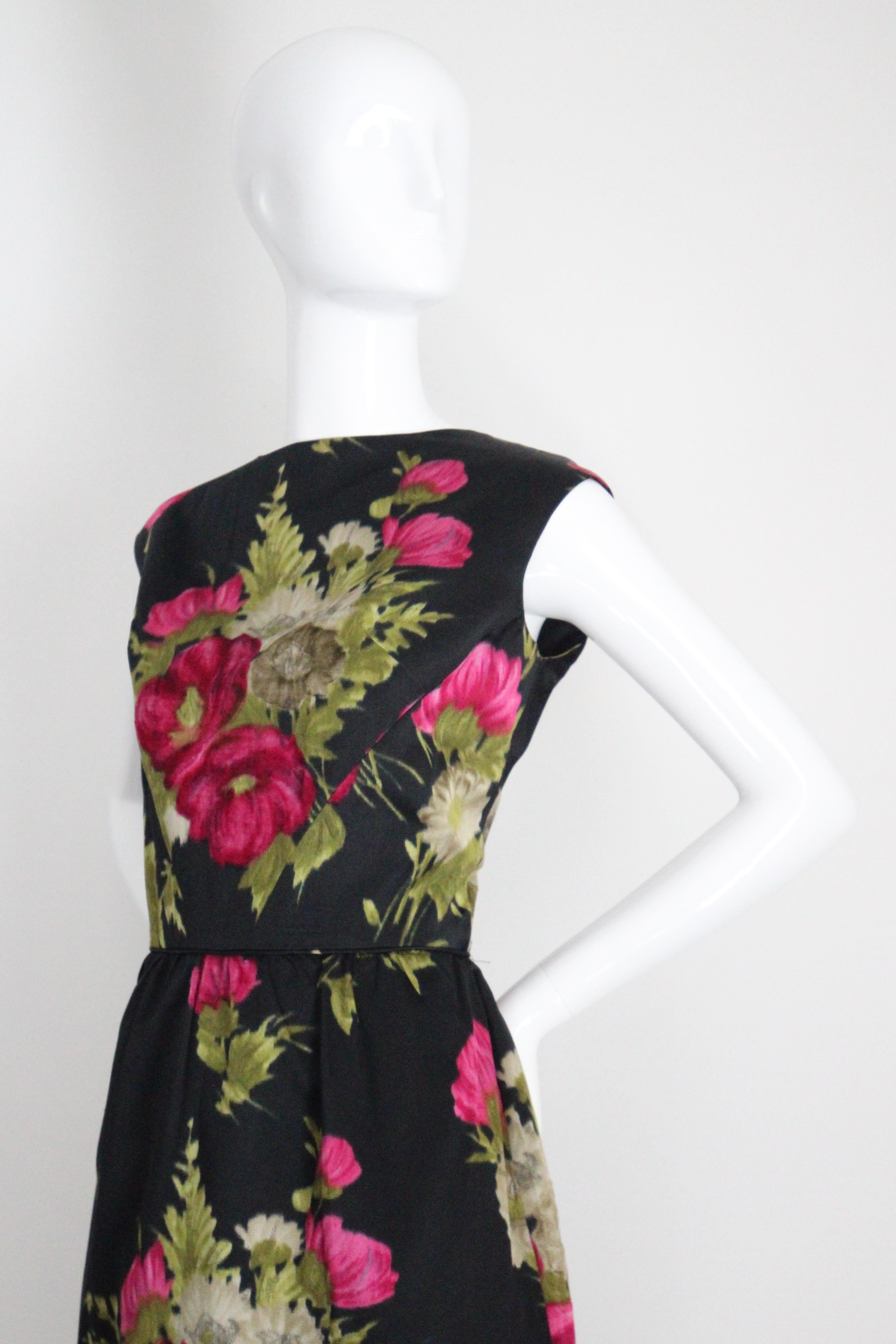 Vintage 1950's Black and Pink Silk Velvet Floral Dress & Jacket UK 10 US 6 For Sale 5
