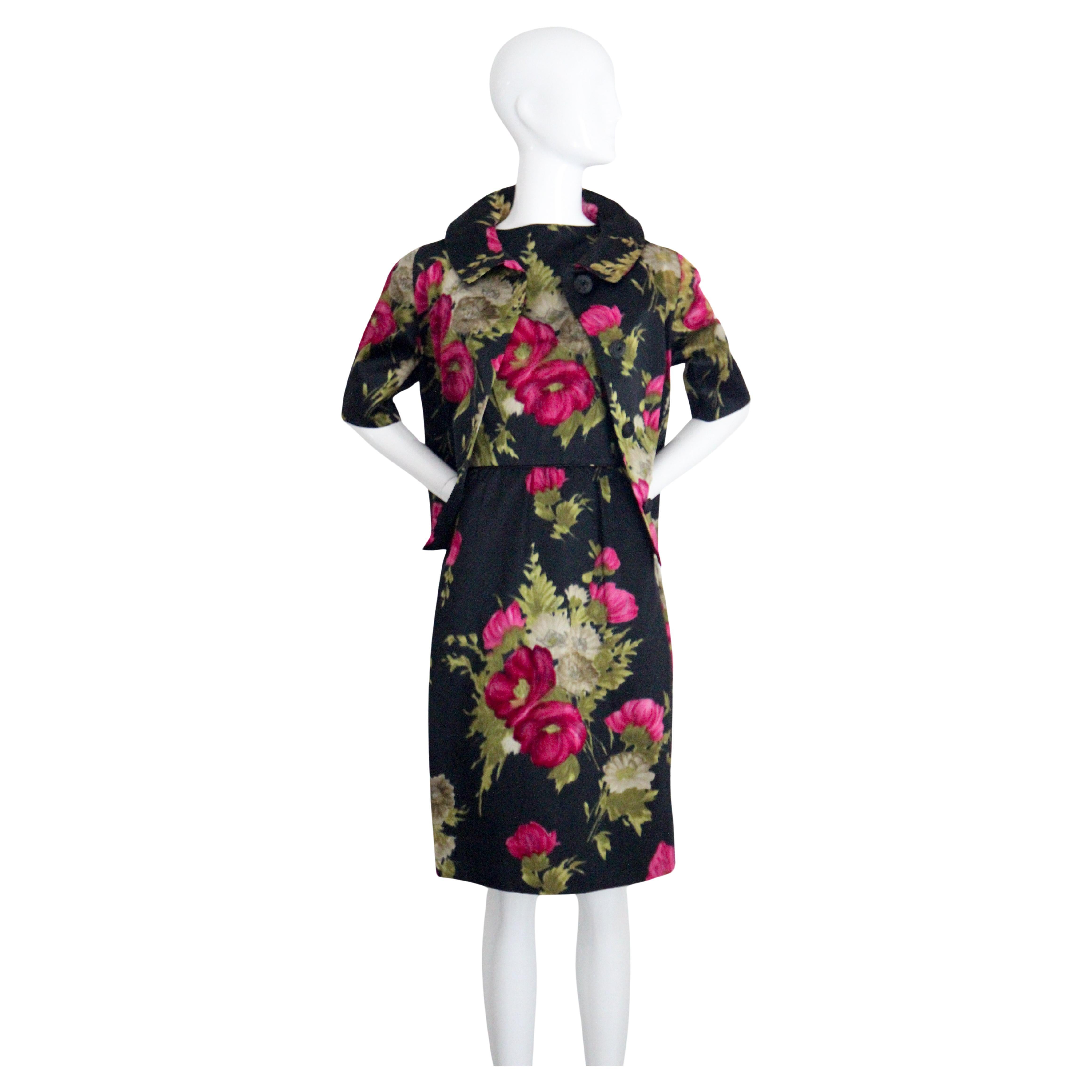Vintage 1950's Black and Pink Silk Velvet Floral Dress & Jacket UK 10 US 6 For Sale