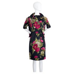 Vintage 1950's Black and Pink Silk Velvet Floral Dress & Jacket UK 10 US 6
