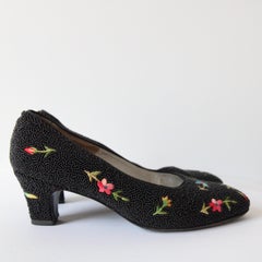Vintage 1950's black beaded and embroidered heels floral shoes UK 4 US 6 EU 36