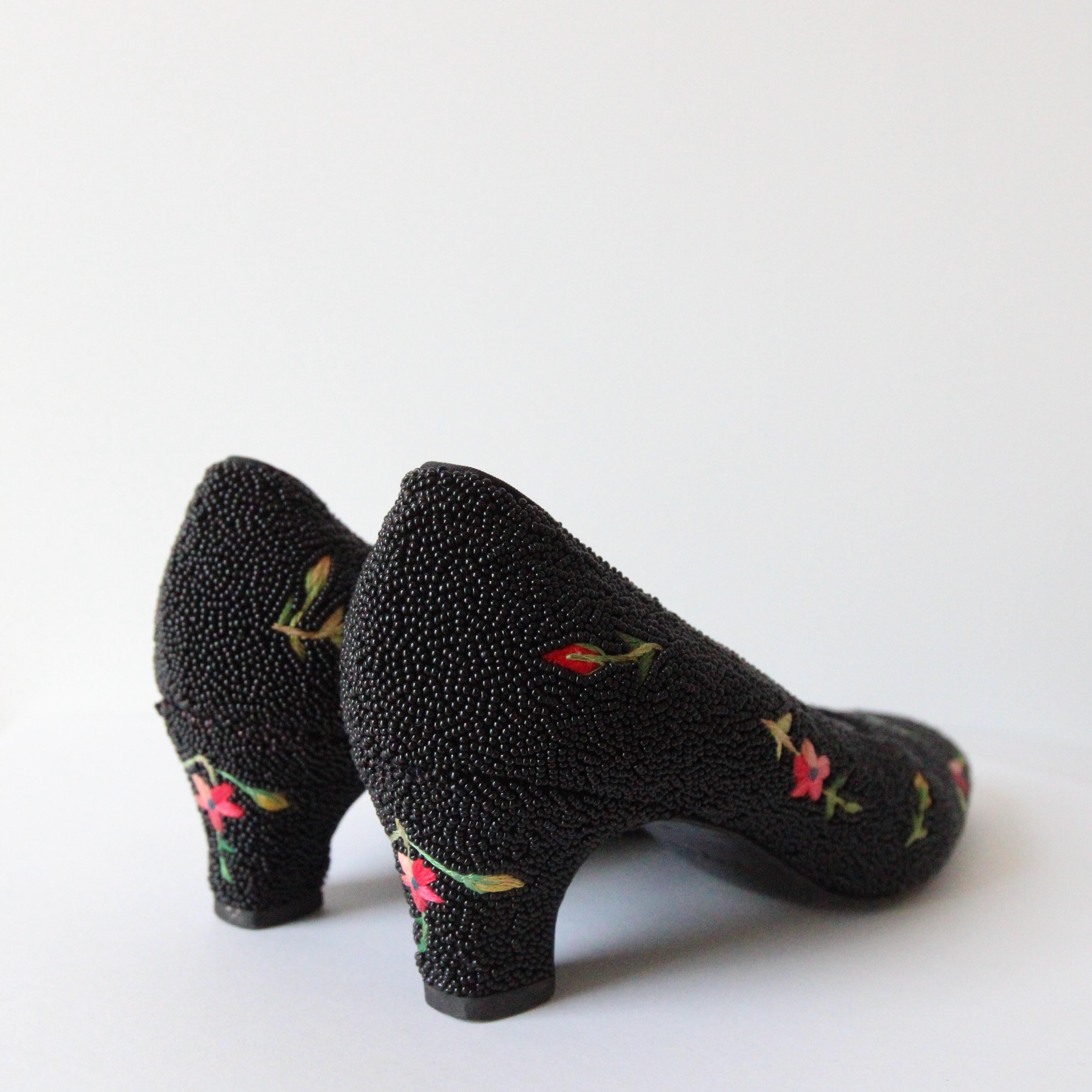 Black Vintage 1950's black beaded and embroidered heels floral shoes UK 4 US 6 EU 36 For Sale