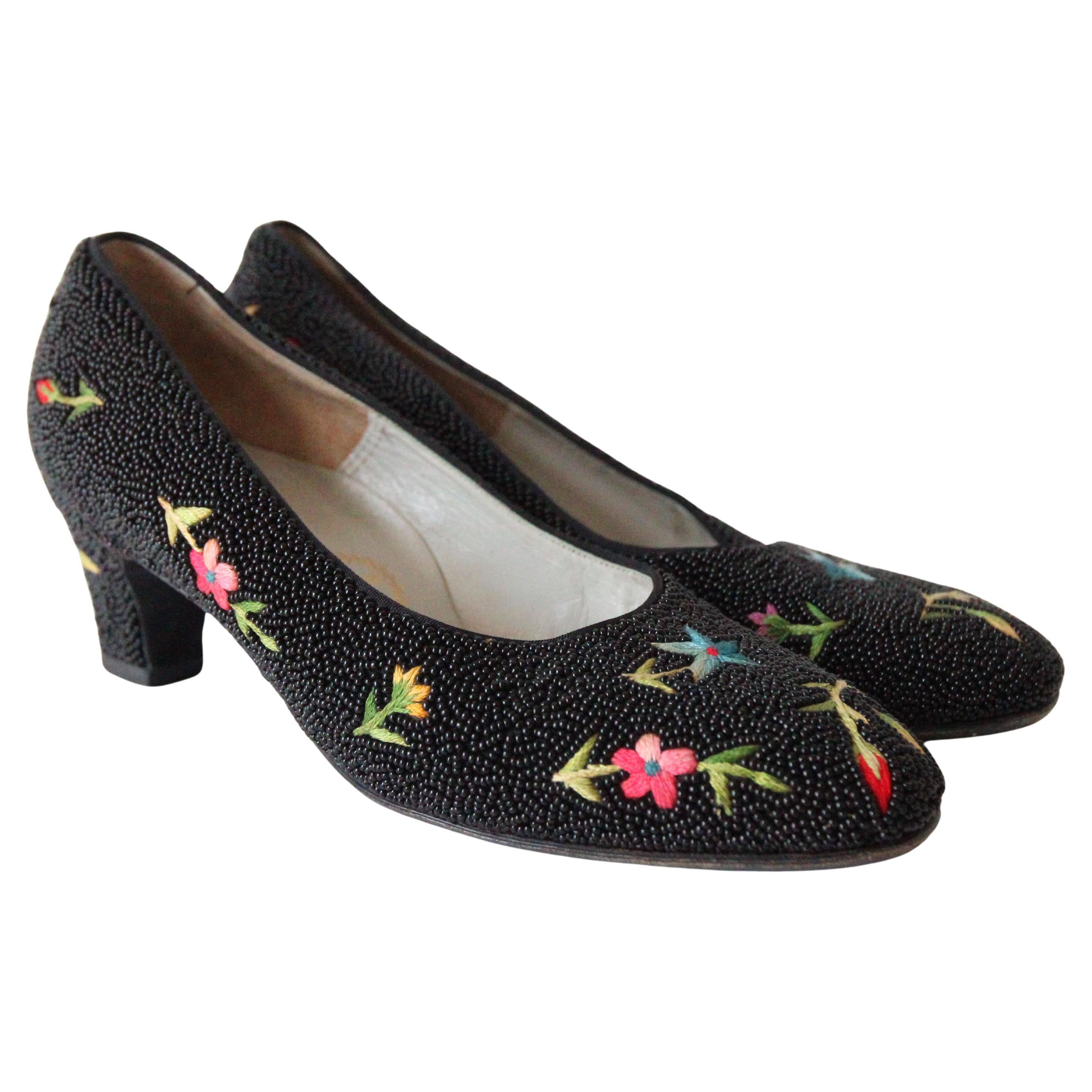 Vintage 1950's black beaded and embroidered heels floral shoes UK 4 US 6 EU 36 For Sale