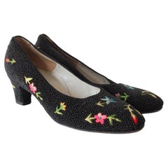 Vintage 1950's black beaded and embroidered heels floral shoes UK 4 US 6 EU 36