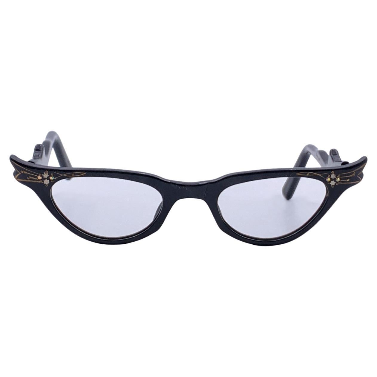Vintage 1950s Black Cat-Eye Eyeglasses 44-22 Crystals Frame