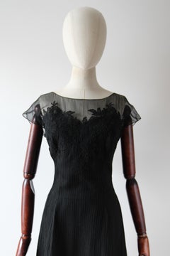 Vintage 1950's Black Chantilly Lace Silk chiffon couture Dress UK 12 US 8