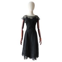 Vintage 1950's Black Chantilly Lace Silk chiffon couture Dress UK 12 US 8