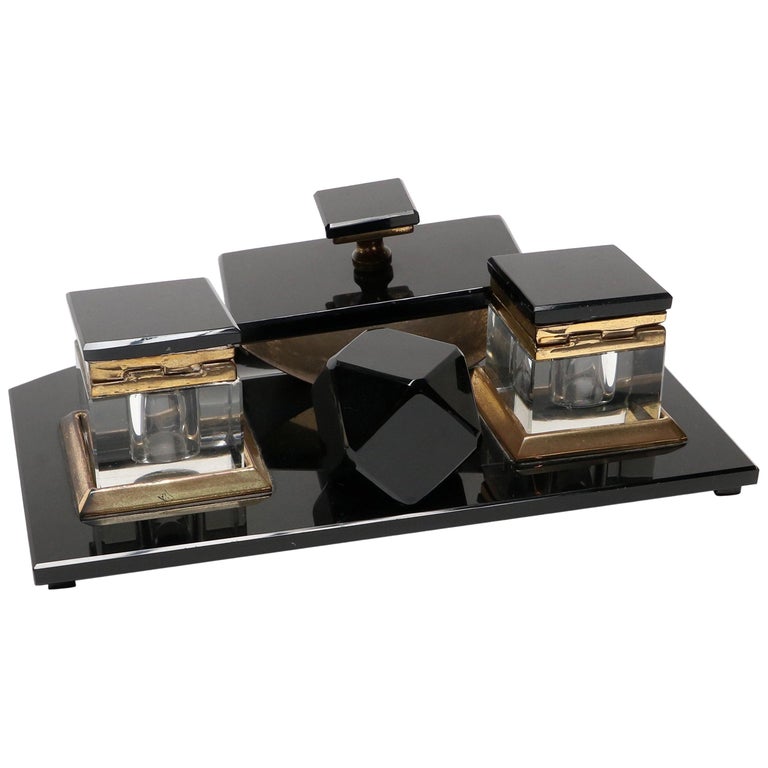 Vintage 1950s Black Glass Desk Set with Brass Details For Sale at 1stdibs