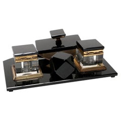 Vintage 1950s Black Glass Desk Set with Brass Details