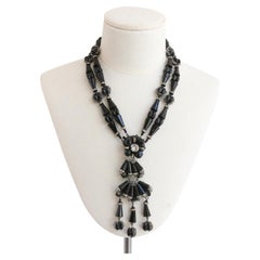 Vintage 1950's Black Glass & Rhinestone Floral Miriam Haskell Necklace