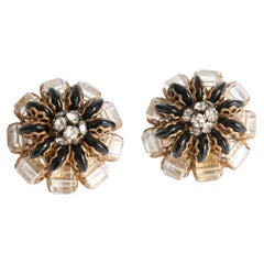 Vintage 1950's Schwarz Glas Strass Gold Filigran Clip auf Ohrringe Schmuck