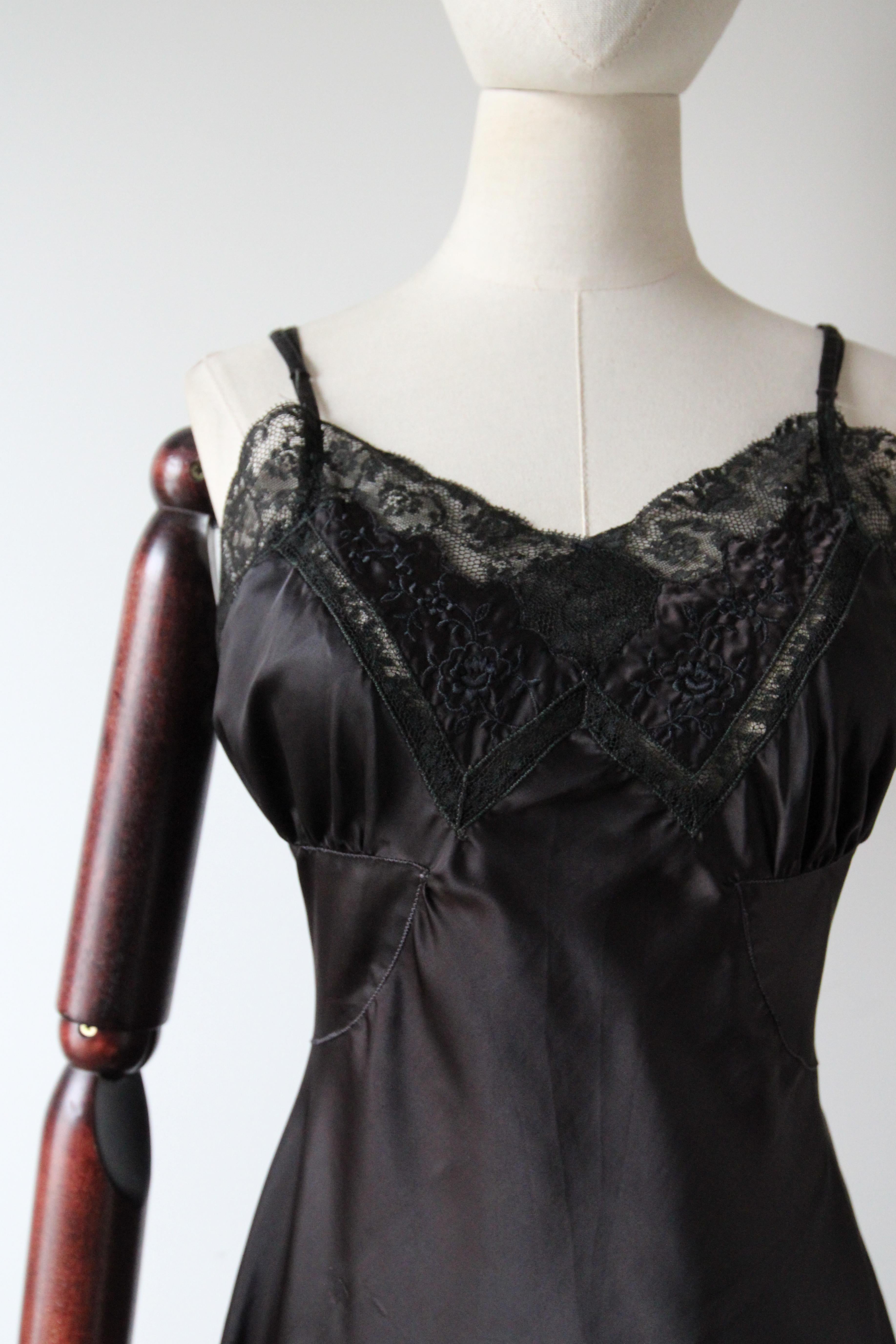 Black Vintage 1950's black nylon satin dress slip 1950's lace satin slip UK 10-12 US 6 For Sale
