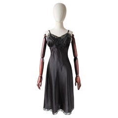 Vintage 1950's black nylon satin dress slip 1950's lace satin slip UK 10-12 US 6