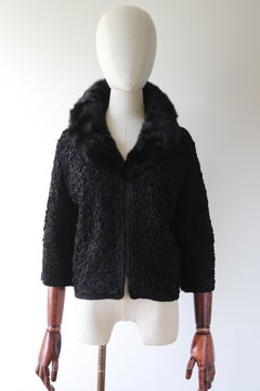 Vintage 1950's black ribbon work jacket black mink collar jacket 1950 UK 12 US 8