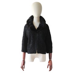 Vintage 1950's black ribbon work jacket black mink collar jacket 1950 UK 12 US 8