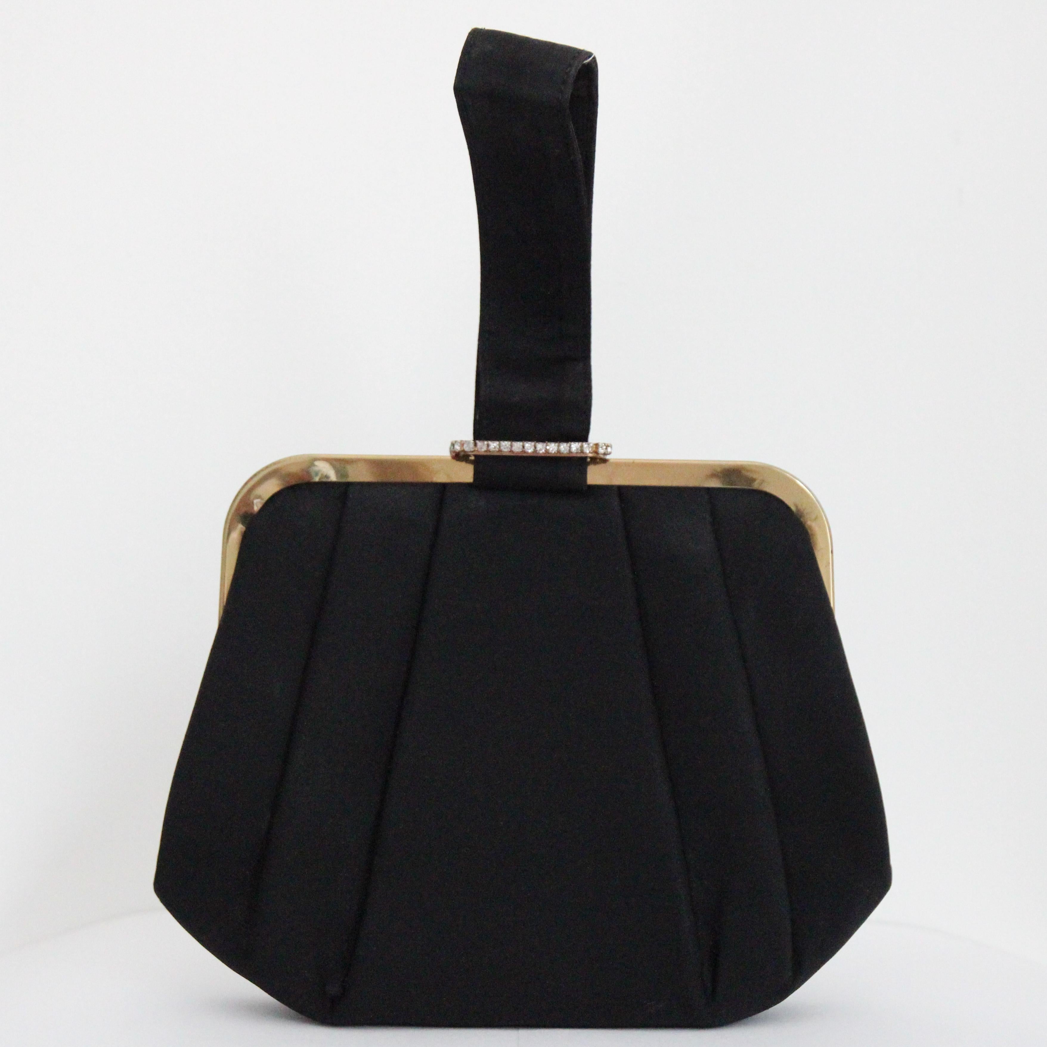 Vintage 1950's black satin and rhinestone wristlet handbag vintage 1950s purse en venta 2