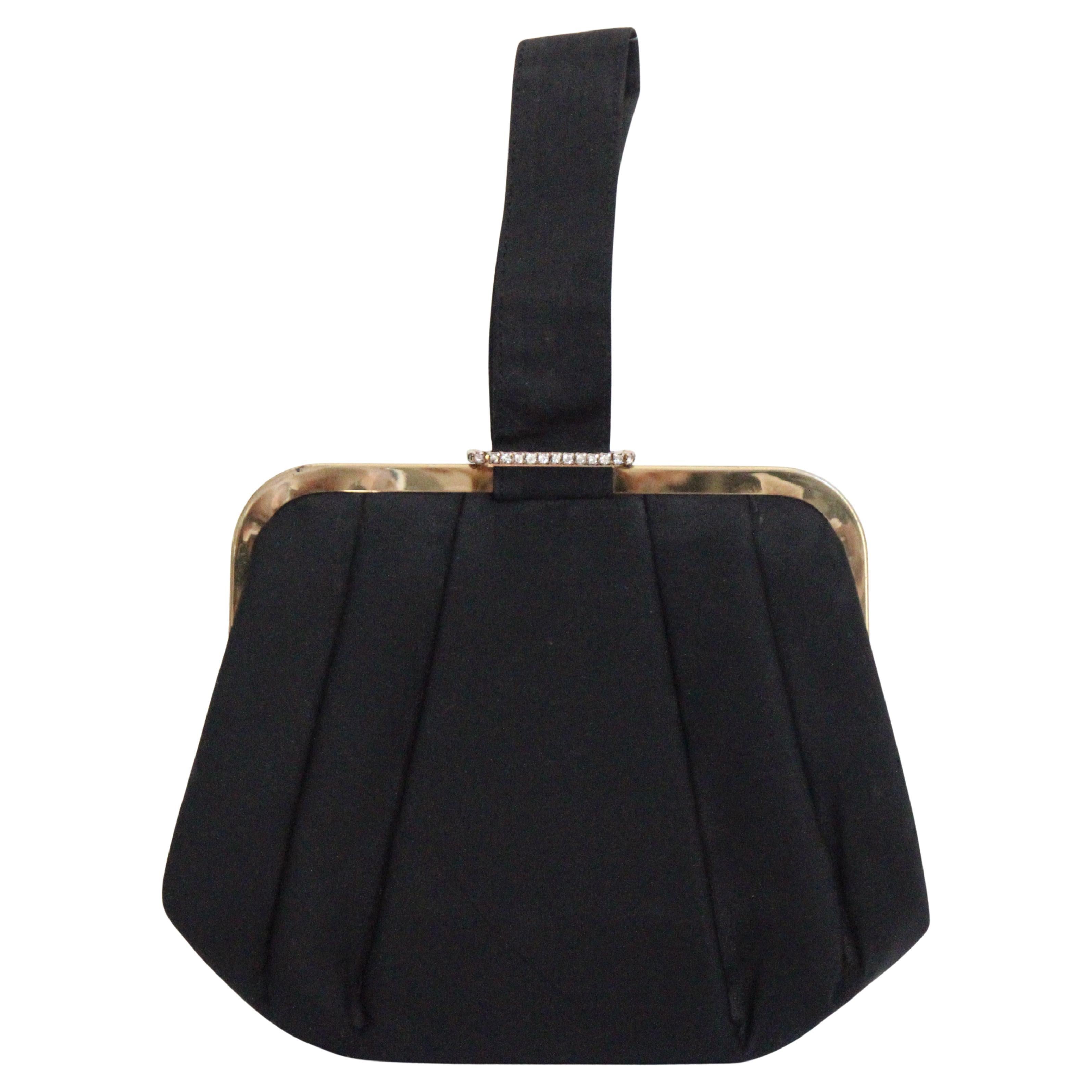 Vintage 1950's black satin and rhinestone wristlet handbag vintage 1950s purse en venta