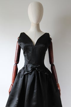 Vintage 1950's Black Satin Couture Dress 1950's Bow Dress UK 8 US 4
