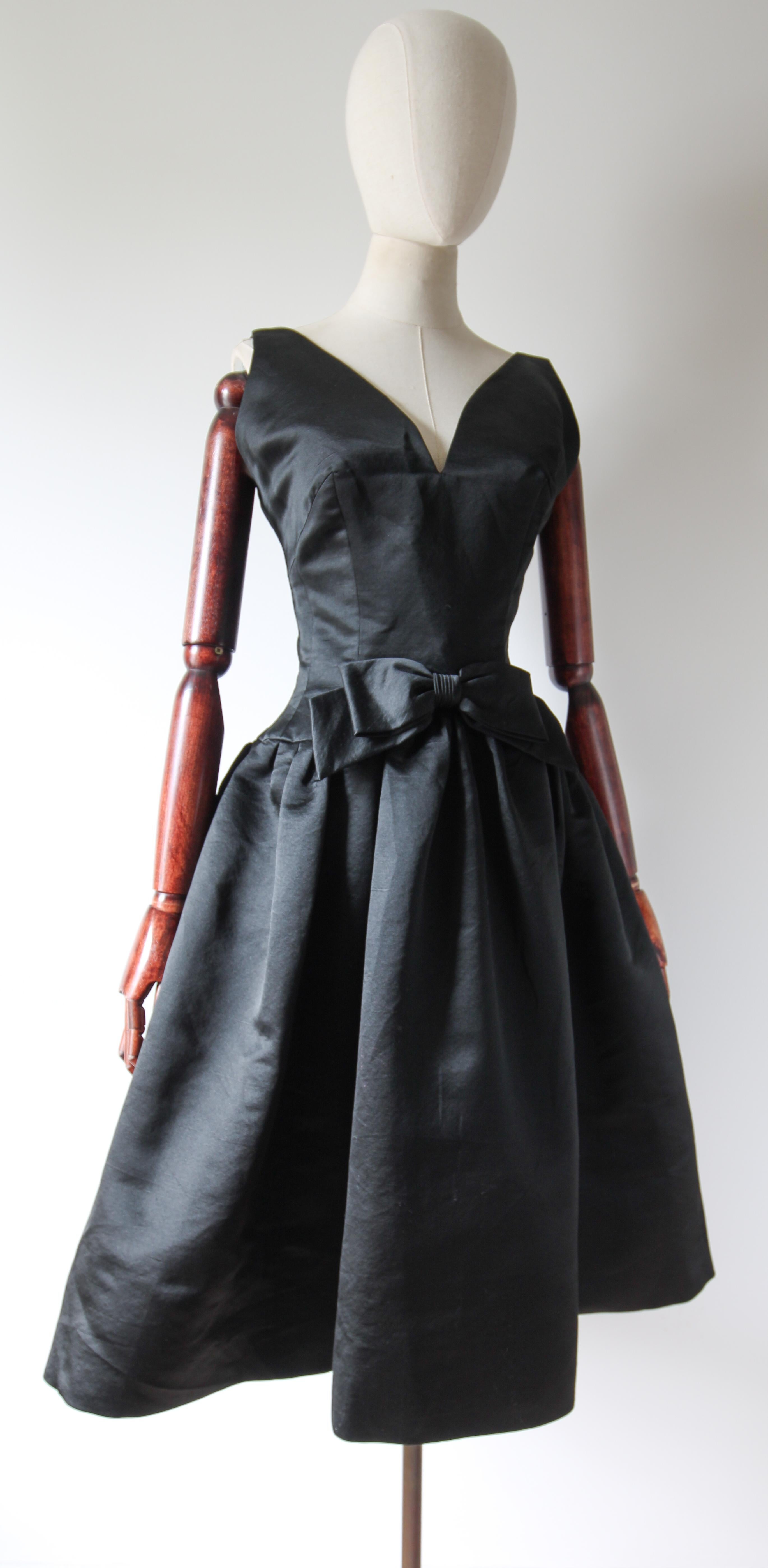 Vintage 1950's Black Satin Couture Dress 1950's Bow Dress UK 8 US 4 1