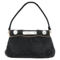 Vintage 1950s Black Seed Bead Evening Bag, Mother-of-Pearl Frame