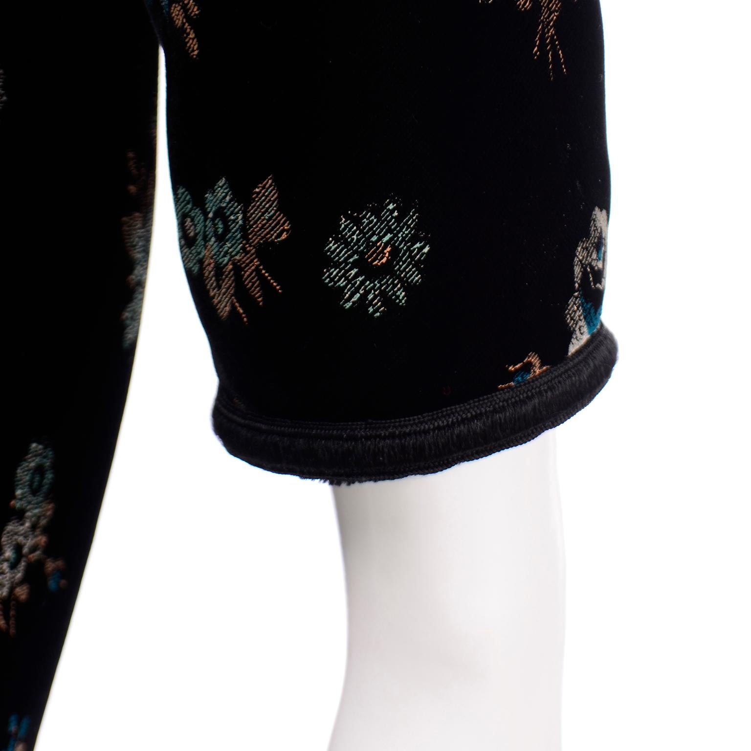 Vintage 1950s Black Silk Velvet Multi Color Floral Print Midi Dress For Sale 3