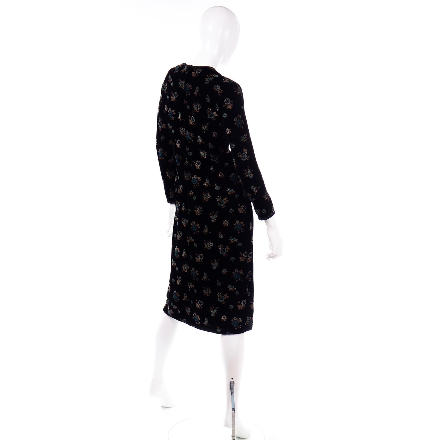 Vintage 1950s Black Silk Velvet Multi Color Floral Print Midi Dress In Excellent Condition For Sale In Portland, OR