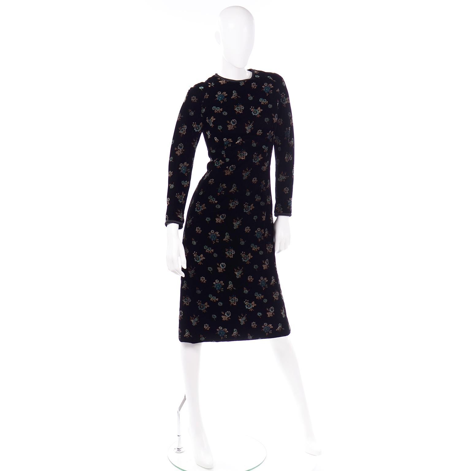 Women's Vintage 1950s Black Silk Velvet Multi Color Floral Print Midi Dress For Sale