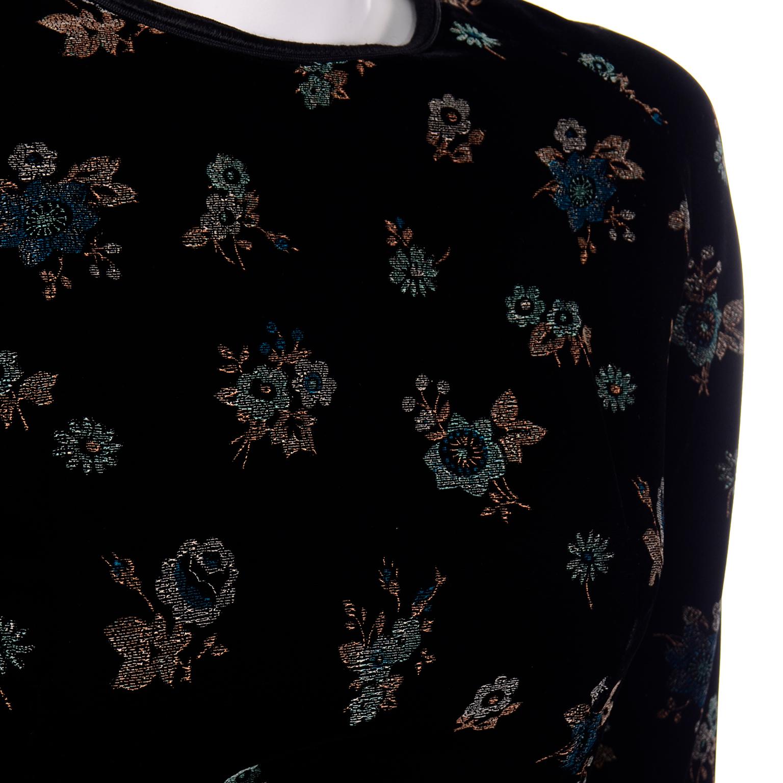 Vintage 1950s Black Silk Velvet Multi Color Floral Print Midi Dress For Sale 1