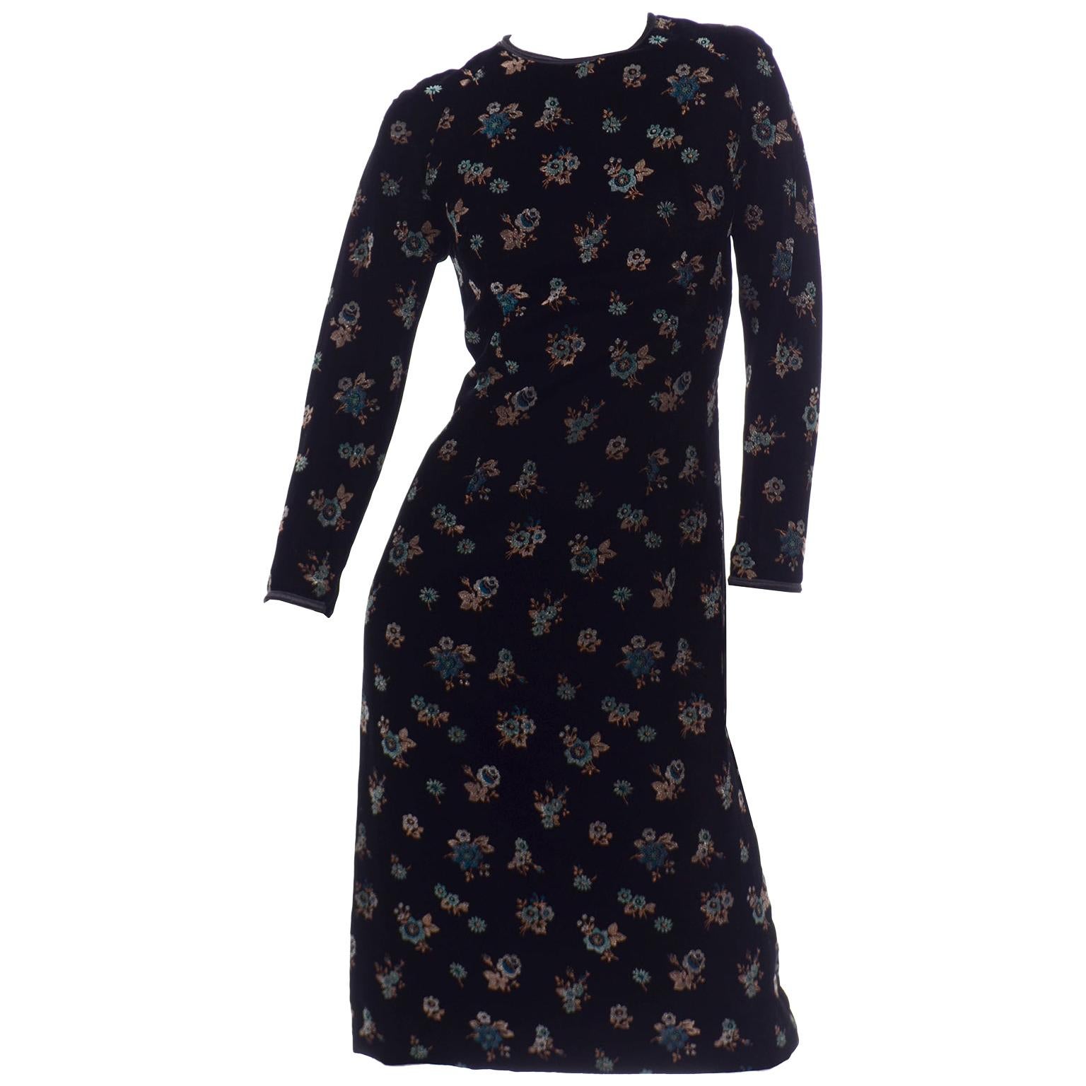 Vintage 1950s Black Silk Velvet Multi Color Floral Print Midi Dress For Sale