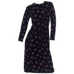 Used 1950s Black Silk Velvet Multi Color Floral Print Midi Dress