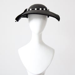 Vintage 1950's Black Straw Saucer Hat Wide Brim Velvet Floral Hat Percher Hat