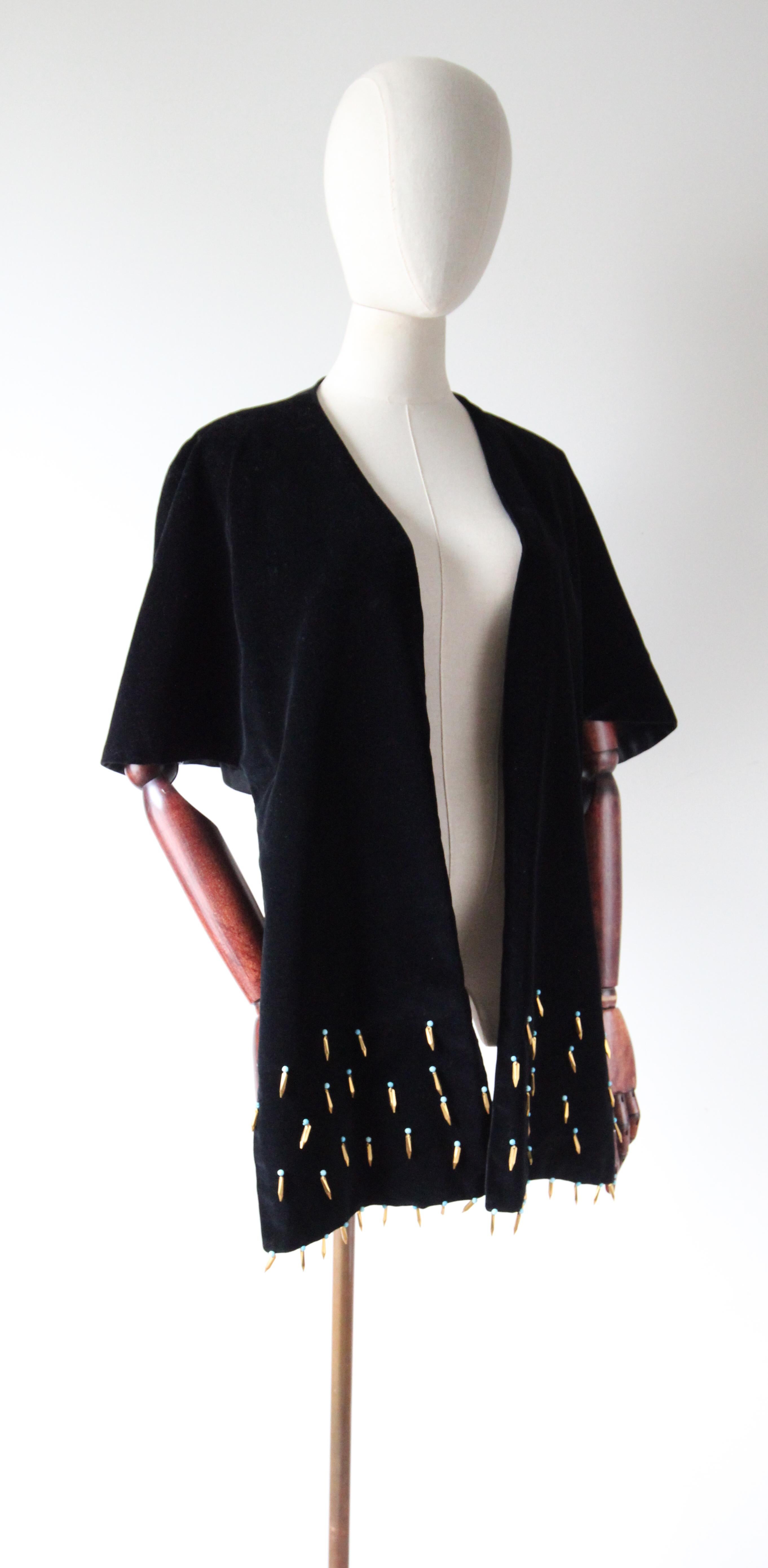 Women's or Men's Vintage 1950's Black Velvet Beaded Shawl 1950's velvet evening shawl turquoise For Sale