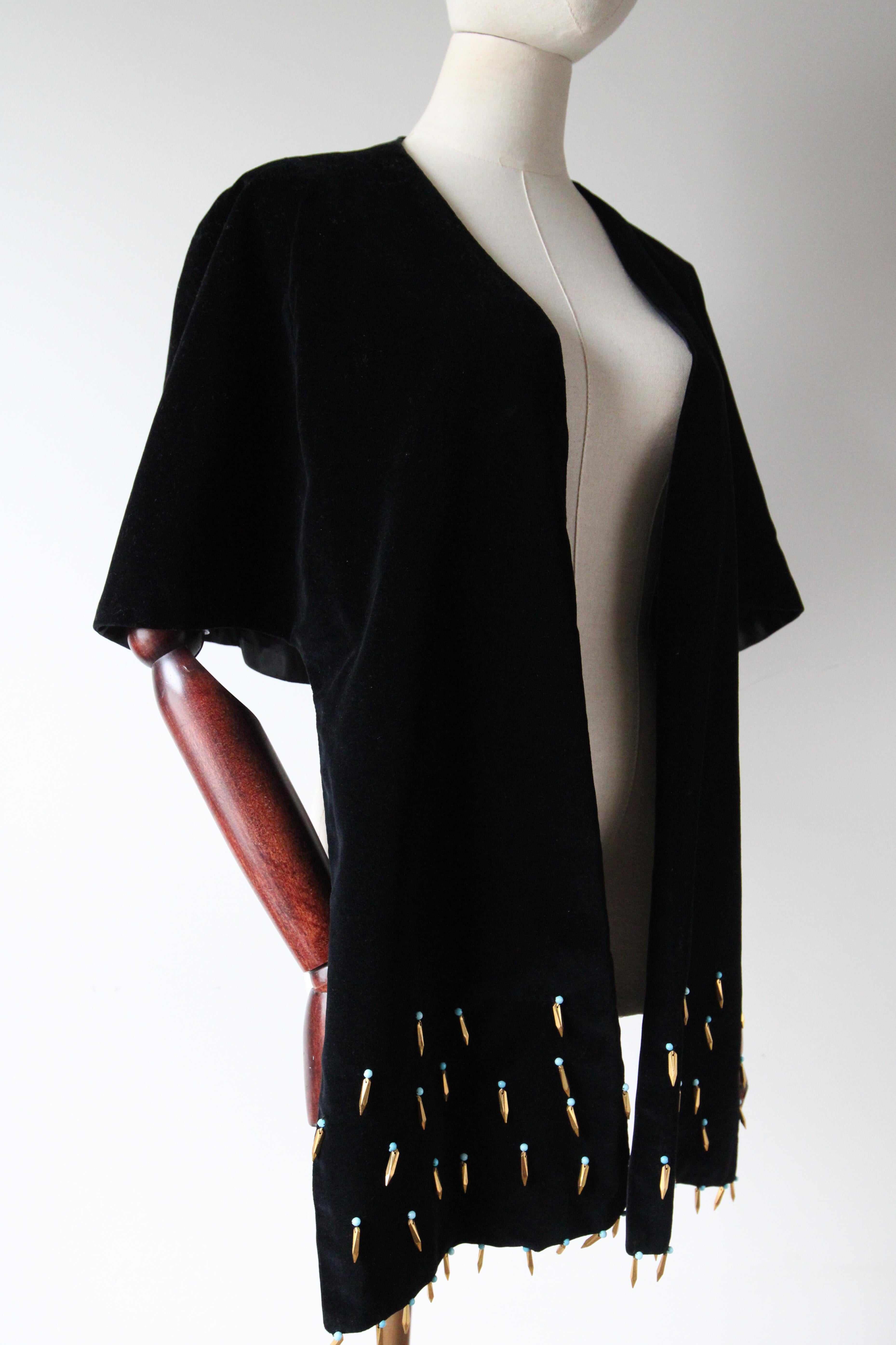 Vintage 1950's Black Velvet Beaded Shawl 1950's velvet evening shawl turquoise For Sale 1
