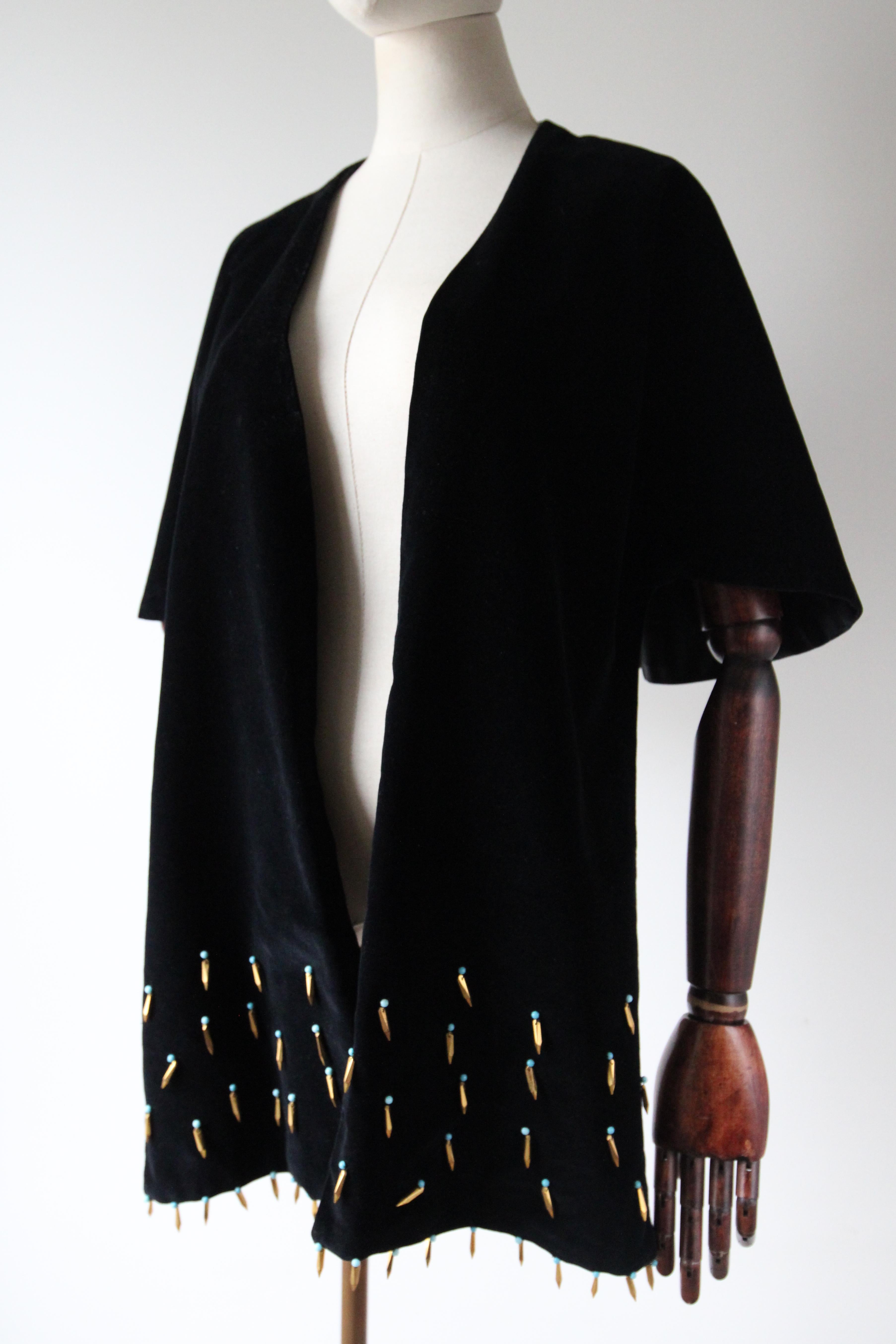 Vintage 1950's Black Velvet Beaded Shawl 1950's velvet evening shawl turquoise For Sale 3
