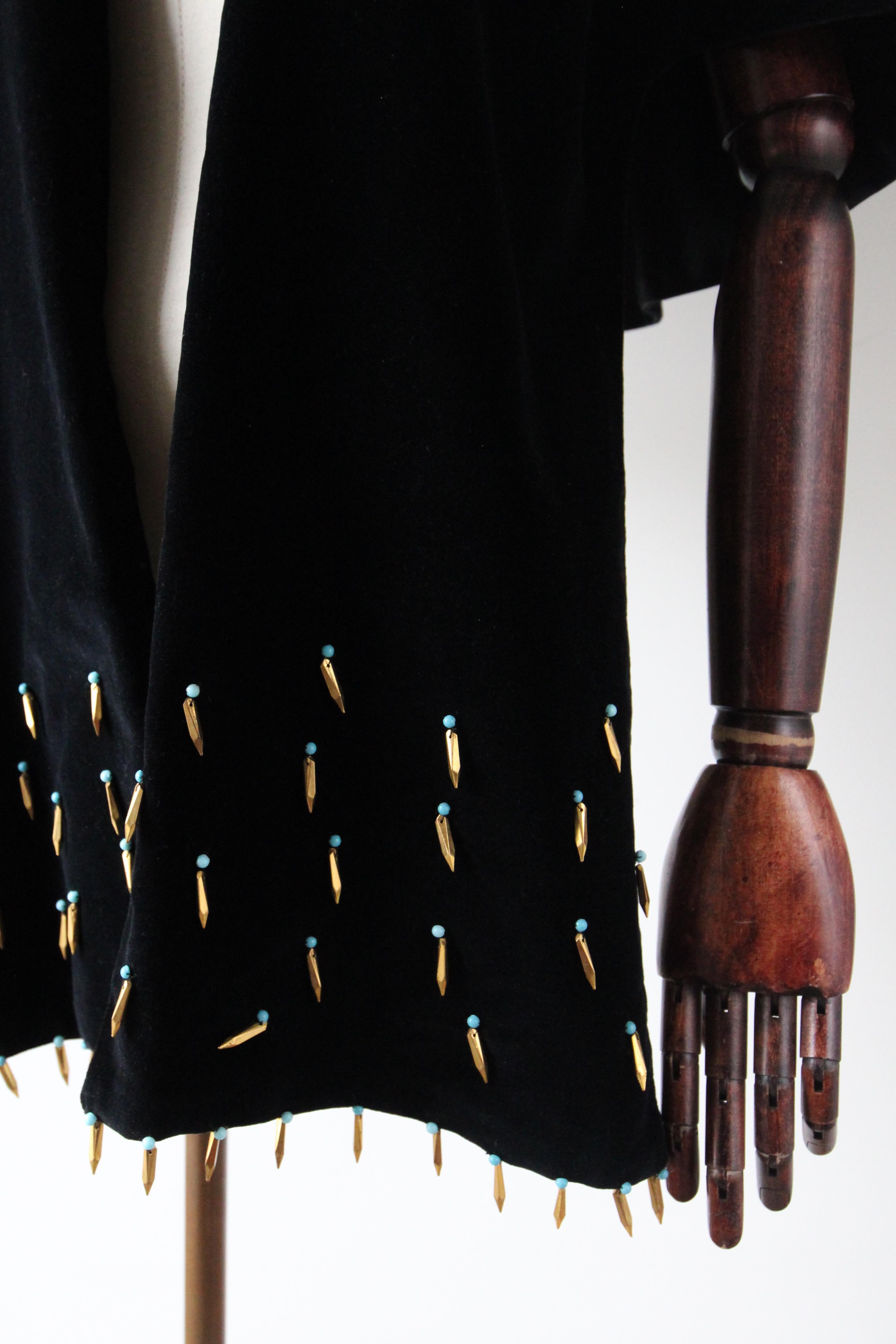 Vintage 1950's Black Velvet Beaded Shawl 1950's velvet evening shawl turquoise For Sale 4