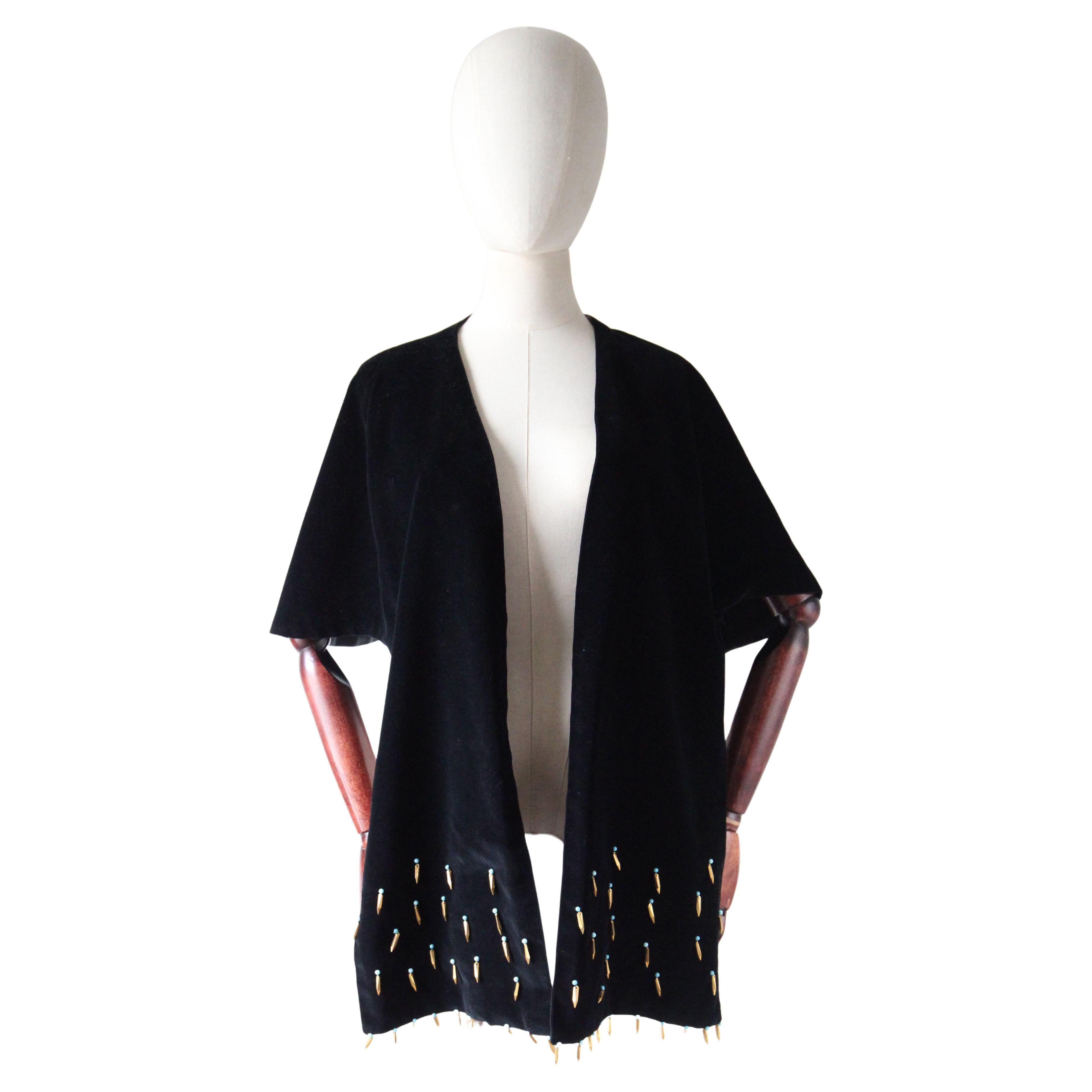 Vintage 1950's Black Velvet Beaded Shawl 1950's velvet evening shawl turquoise For Sale