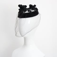 Vintage 1950's Black Velvet Blossom And Netted Veil Cocktail Hat Floral Hat