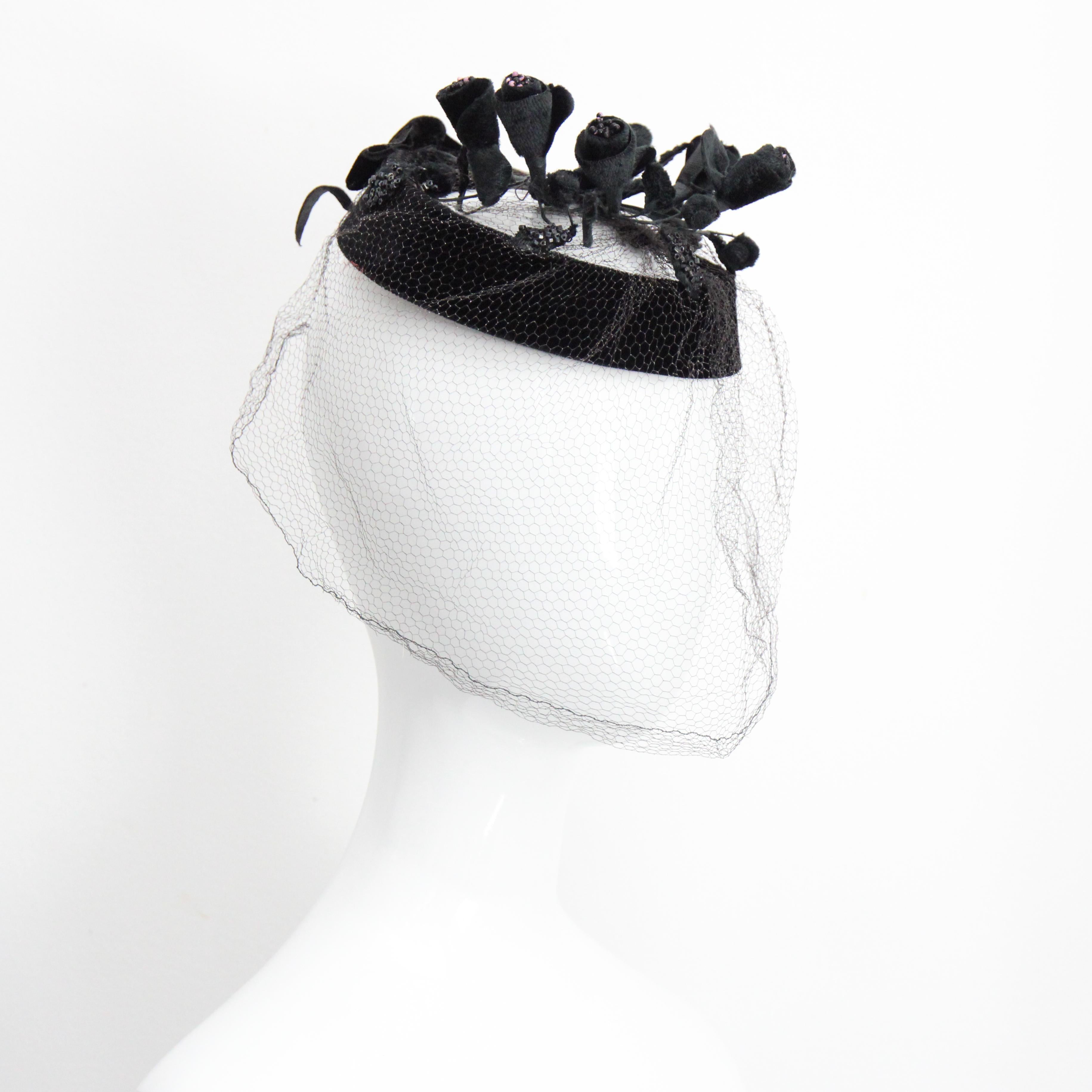 Vintage 1950's Black Velvet Blossom And Netted Veil Cocktail Hat Floral Hat For Sale 1