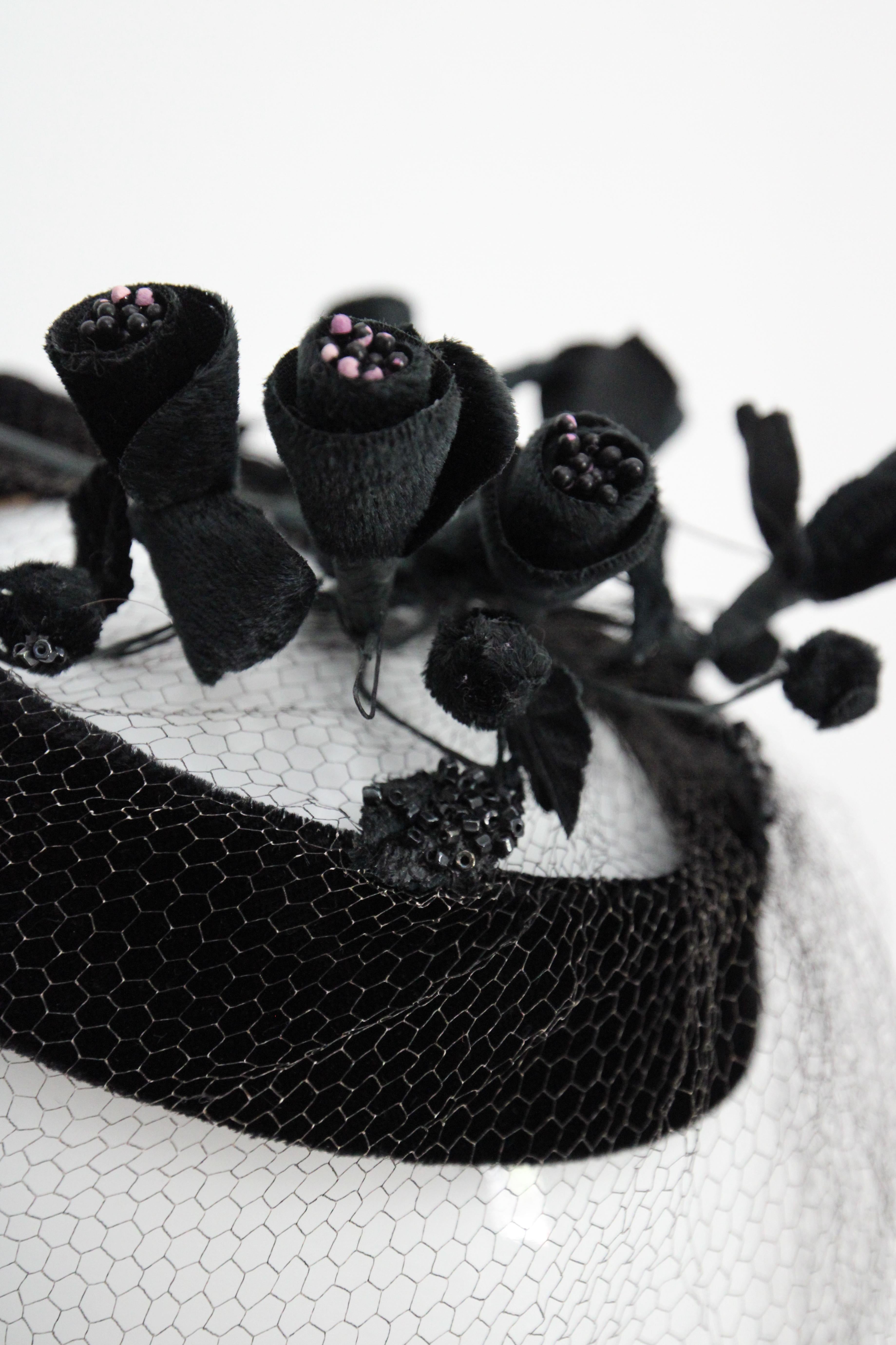 Vintage 1950's Black Velvet Blossom And Netted Veil Cocktail Hat Floral Hat For Sale 2