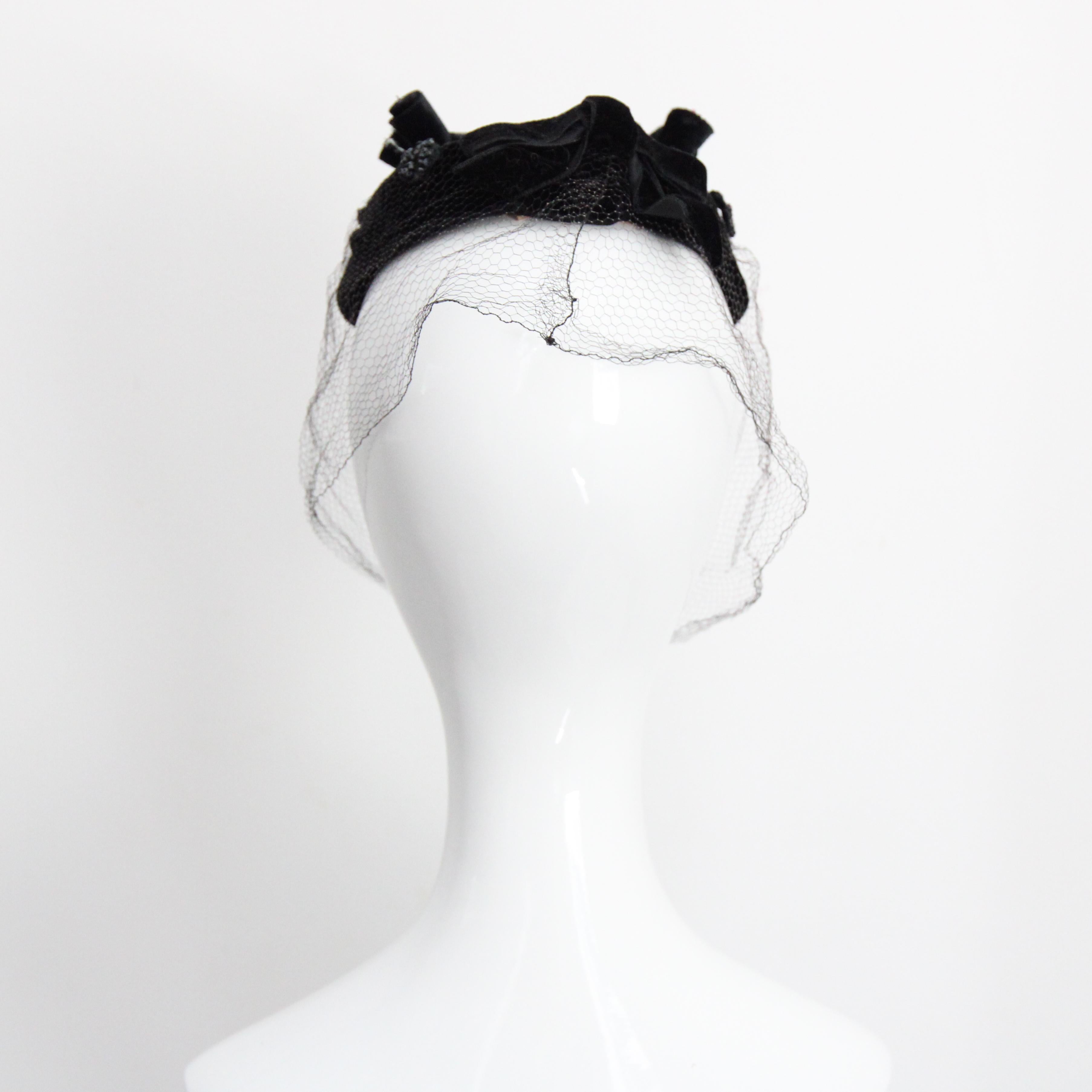 Vintage 1950's Black Velvet Blossom And Netted Veil Cocktail Hat Floral Hat For Sale 3