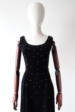 Vintage 1950's Black Velvet Cocktail Dress Silver Rhinestone Dress UK 8 US 4