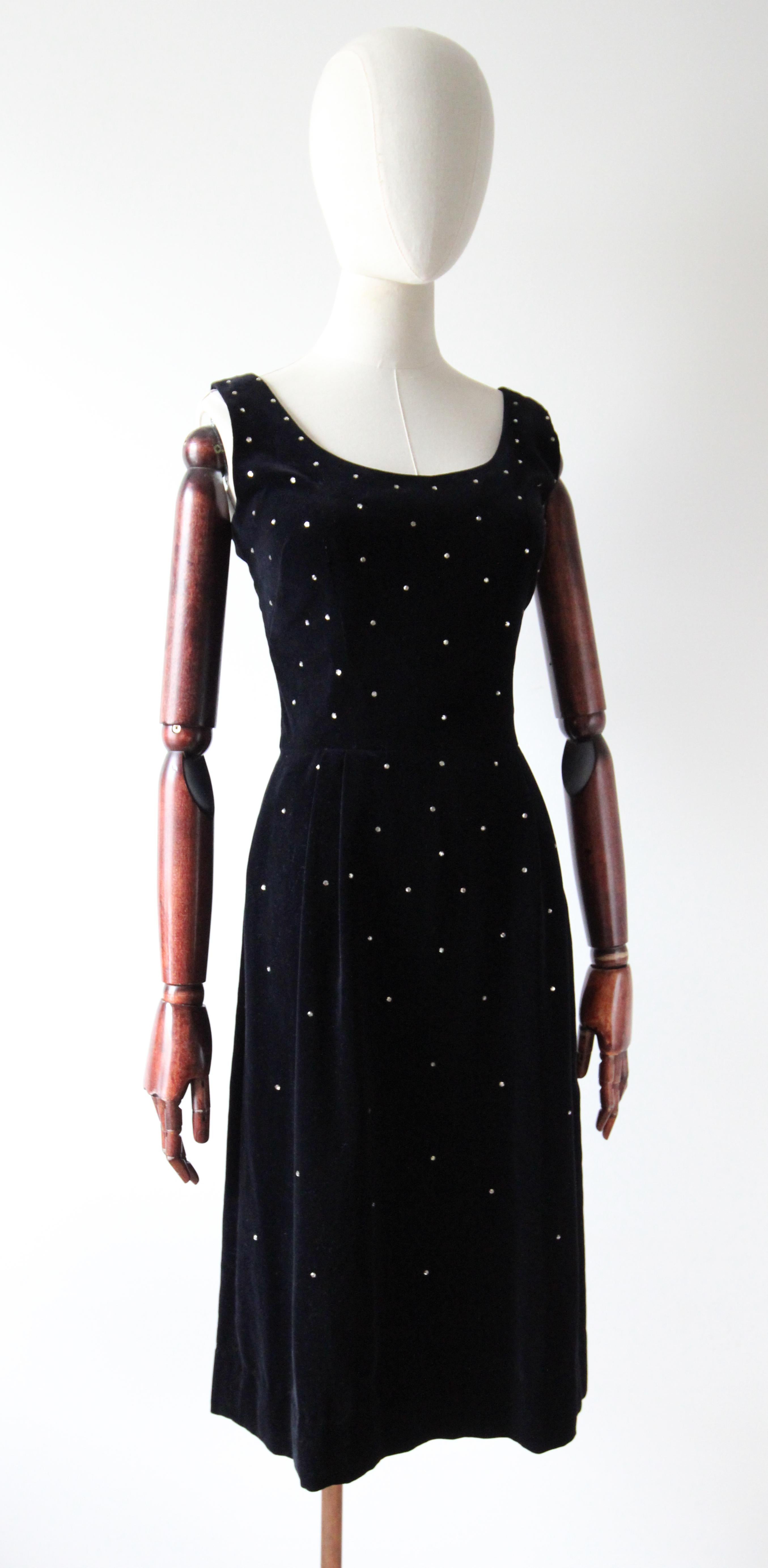Women's Vintage 1950's Black Velvet Cocktail Dress Silver Rhinestone Dress UK 8 US 4 For Sale