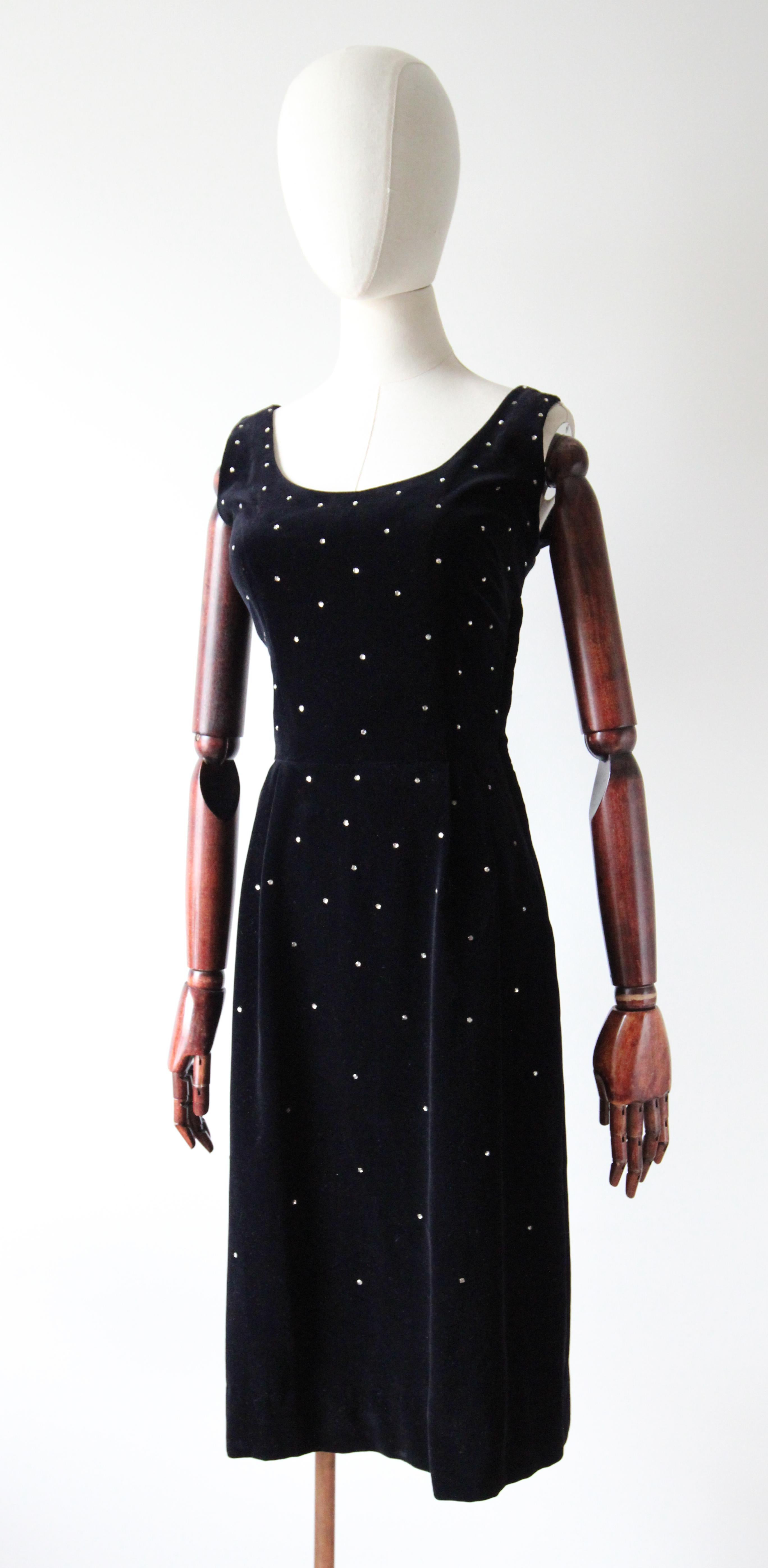 Vintage 1950's Black Velvet Cocktail Dress Silver Rhinestone Dress UK 8 US 4 For Sale 2