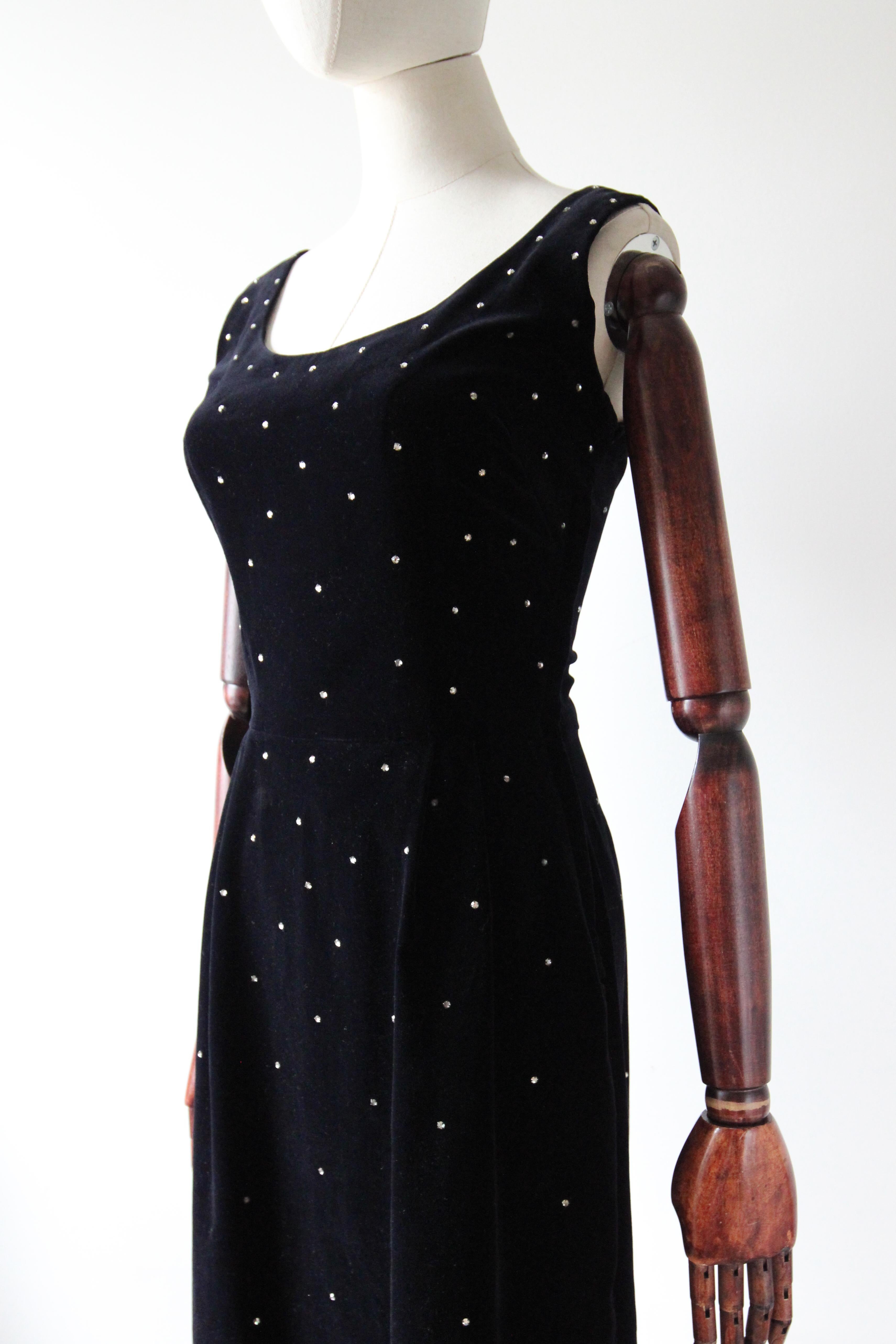 Vintage 1950's Black Velvet Cocktail Dress Silver Rhinestone Dress UK 8 US 4 For Sale 3