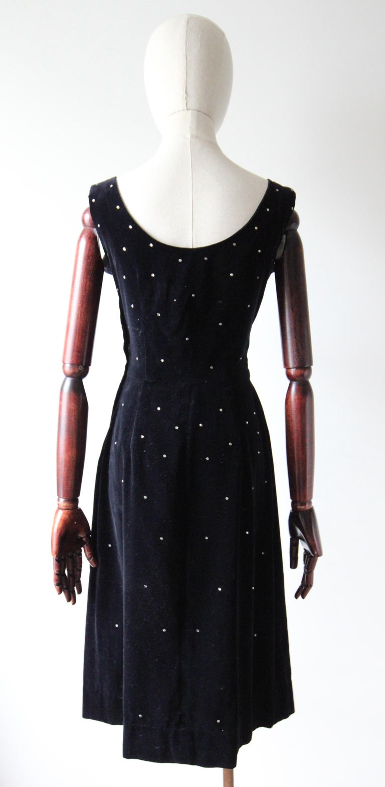 Vintage 1950's Black Velvet Cocktail Dress Silver Rhinestone Dress UK 8 US 4