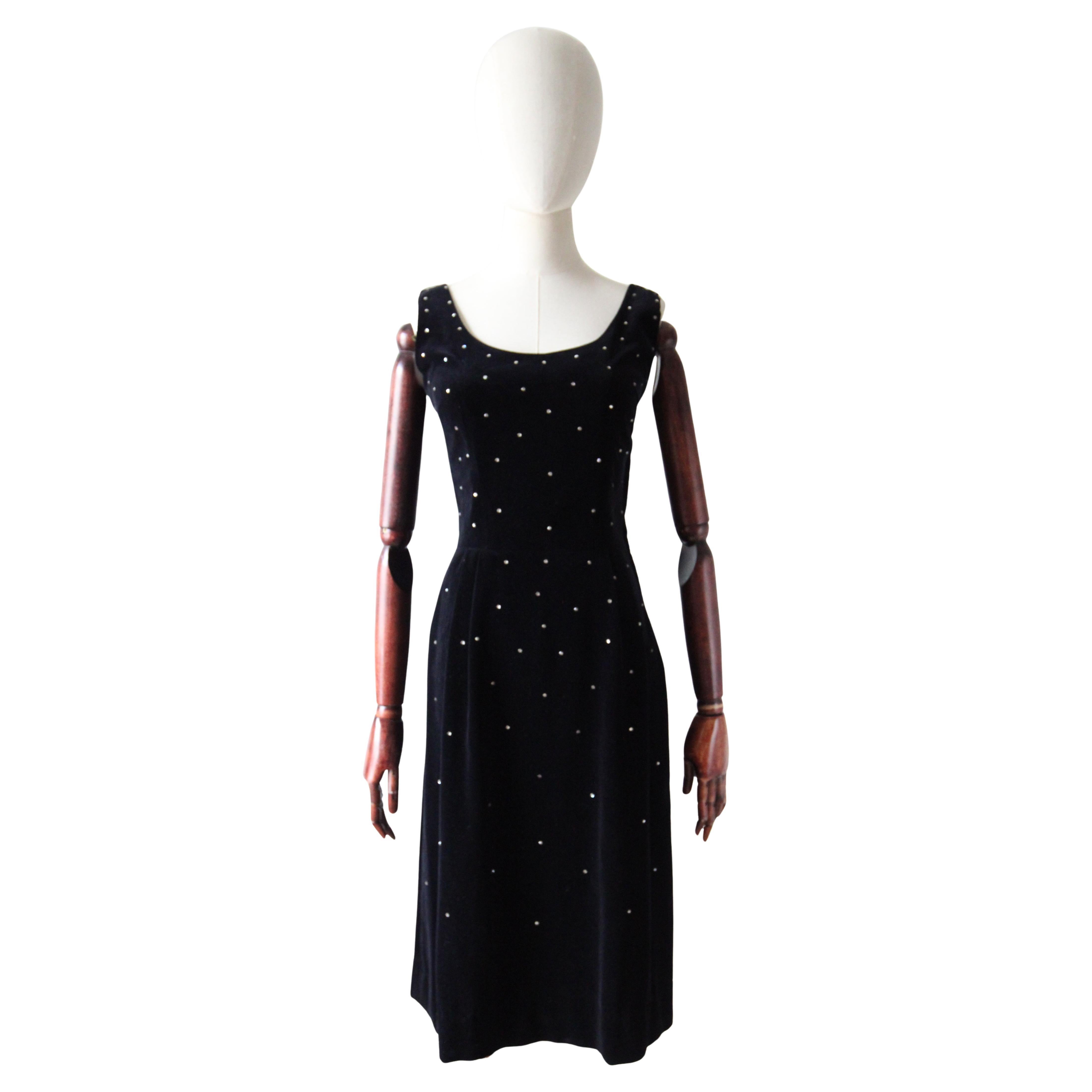 Vintage 1950's Black Velvet Cocktail Dress Silver Rhinestone Dress UK 8 US 4 For Sale
