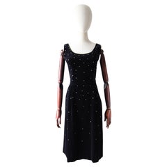Vintage 1950's Black Velvet Cocktail Dress Silver Rhinestone Dress UK 8 US 4