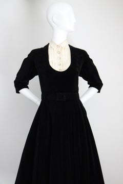 Vintage 1950's Black Velvet Fit and Flare Dress Full Circle Dress UK 8 US 4